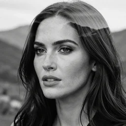 double - exposure effect of megan fox face in beautiful mountains, in the style of dan mountford, amazing detail, black and white