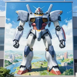 it's an anime mural by katsuhiro otomo, it depicts a robotic giant towering over a world's city. below him are rows of cars and roads, while in the sky above are airplanes.