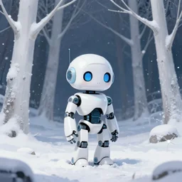 a small glossy white cybernetic robot stands on the snowy ground in a forest of white trees at night. snowing. cyril roland naomi okubo. trending on artstation. digital painting.