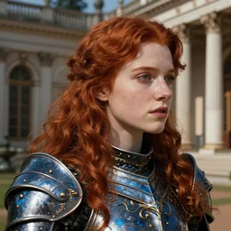 closeup face profile portrait of a young redhead pale woman in dark and blue princess dragon armor, next to a neoclassical palace, in a scenic environment. by henriette ronner - knip, by william henry hunt, by rembrandt, by joseph mallord william turner, by konstantin razumov, concept art,