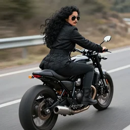backview of a lone female biker, jet black tuffle coat, motorbike, aviator shades, long wild black curly hair, beard, black jeans, looking at the camera, riding on the road, smooth, sharp focus, highly detailed, fantasy, digital illustration, artstation