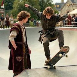 brightly lit historically inaccurate comedy medium shot film still of ( timothee chalomet plays king alfred ) king alfred visits a medieval skate park and does an ollie in a medieval comedy titled'the hijinx of king alfred ', directed by john landis, colorful lighting high contrast, hyperrealistic shocking detail trending on artstation 8 k