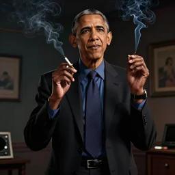 hipster barrack obama smoking a joint, gta artstyle, wide shot, dramatic lighting, octane render, hyperrealistic, high quality, HD, cinematic