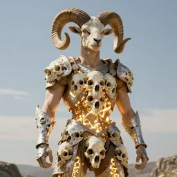 full figure beautiful young fit antrophomorphic male ram, great horns, dressed in an armor made of skulls, luminous scene, by greg rutkowski and alphonse mucha, d & d character, gradient yellow to red, in hell, highly detailed portrait, digital painting, artstation, concept art, smooth, sharp focus illustration, artstation hq