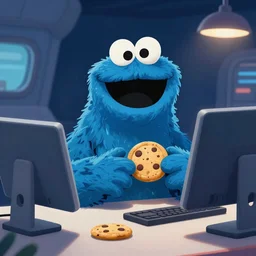 cookie monster using a computer in a spaceship