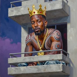 palette knife oil painting portrait of kendrick lamar, a king - with gold crown with rubies, man in mafia wear and australian aboriginal body paint, concrete balcony, nightclub, artstation trending, artgerm, any racial background, deviant art, hipster, octane, substance, art history 8 k