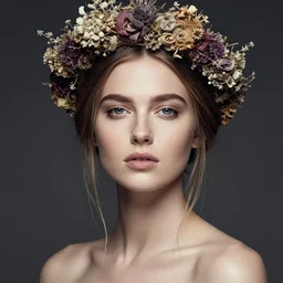 fine art photo of the beauty goddess louisa rose allen, she has a crown of dried flowers, by peter mohrbacher