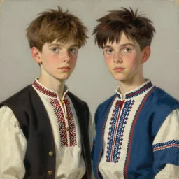 portrait of two boys captivating latvian belarusian finnish norwegian swedish glamour models jodhpurs greg manchess painting by sargent and leyendecker, studio ghibli, close - up shot asymmetrical intricate elegant illustration hearthstone, by greg rutkowski by greg tocchini by craig mullins