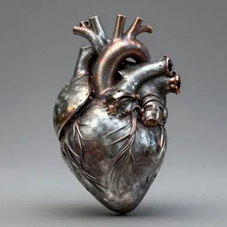 ancient metal anatomical heart with integrated internal combustion engine details in organic style