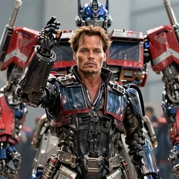 a photorealistic film still of johnny depp starring in the transformers movie opposite optimus prime. action scene. fine detail. well lit. this 4 k hd image is trending, featured on behance, well - rendered, extra crisp, features intricate detail, epic composition and the style of unreal engine 5. 0.