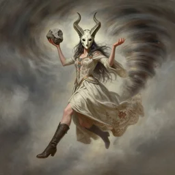 character concept art of sorceress wearing half horned mask and boots flying inside a tornado, full body shot, gown, crossing legs, raised hands, fantasy painterly style, intricate details, artwork by ross tran, artgerm, eimbrodered clothing, holding a rock in both hands