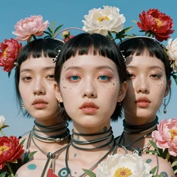 close - up portrait of a cyberpunk model girls twins wrapped in wires and peonies, clear blue sky in vintage style, incredible appearance, face in the center, no framing, androgynous appearance, eyes of different colors, scifi tattoos, in the style of yayoi kusama