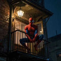 spiderman, night, on a balcony, retro sodium vapor lighting, rainy, moody, cinematic, shot on film, highly detailed, hdr