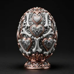 faberge egg porcelain, rosegold details, bones, hearts, insanely detailed and intricate, bw, shot on 1 5 0 mm, dark background, medium contrast, 1 6 k, volumetric lighting, ornate, fractals, hyper realistic, super detailed, octane render, mucha and gigger