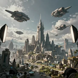 fantasy city with sky-ships in the sky, unreal 5, hyperrealistic, realistic, photorealistic, dynamic lighting, highly detailed, cinematic landscape, studio landscape, studio lighting