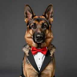 german shepherd wearing a tuxedo with a red bow tie, digital art, highly detailed, vibrant colors, 8 k
