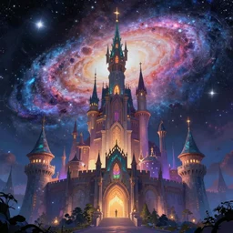 high fantasy castle, galaxy, stars, colourful, magical, mythical, digital art, trending on art station, by anato finnstark