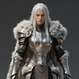 fur armor!!! long wild white hair!! covered chest!!! fantasy, d & d, intricate ornate details, symmetry, concept art, sharp focus, illustration, art by artgerm! greg rutkowski magali villeneuve wlop! ilya kuvshinov!!, octane render, unreal engine 5, highly rendered!!