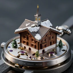 Macro photograph of a beautiful miniature Swiss chalet on an intricate watch mechanism