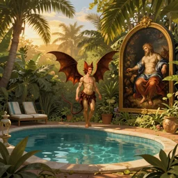 Satan, in a garden, tropical pool, golden hour, artstation, by J. C. Leyendecker and Peter Paul Rubens, - 12p