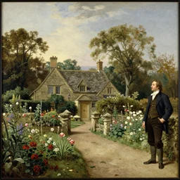 landscape jean-Baptiste Monge and Solomon Joseph Solomon and Richard Schmid and Jeremy Lipking victorian landscape genre painting portrait painting of an english country cottage with a stone path and flower garden