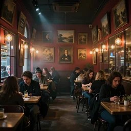 a busy cafe full of people,smoky,dark atmosphere,cinematic lighting,cinematic composition,lots of painting on walls,j spired by paris 19 century,red wall ,glass walls,8k