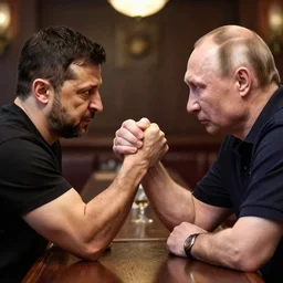 vladimir putin and volodymyr zelensky arm wrestle in a bar, photorealistic, highly detailed, detailed faces