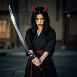 Half Woman Half Wolf holding katana with both hands, Marquee, old world, DSLR, Long Exposure, Vignette, Chromatic Aberration, Lumen Reflections, Devil,