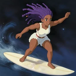 black woman with purple dreads surfing in space in the style of ghibli