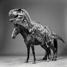 t rex and a horse wearing high heels. anamorphic, strange, black and white photograph, 1 8 5 0 s