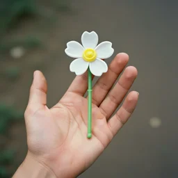 A hand with too many fingers holding a plastic flower, grainy old photo from 1970