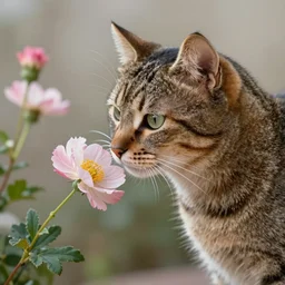 cat smelling flowers, in the style of chiara bautista, mucha