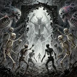 merge skeletons in the hundeds reaching out the borken portal to hell, artwork by beksinski gammell mcfarlane giger realsistic horror, wispy prismatic ink horrors