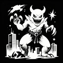 a white and black occult monster!! attacking a city!, stencil art by shag, tom whalen, artgerm, clean bold lines