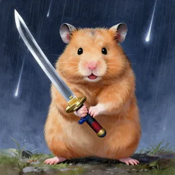 japanese hamster samurai. with long sword. anime art. painting. rain of meteors on background. hyper realistic image