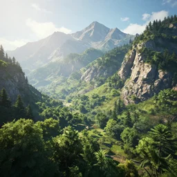 a brightly lit landscape, mountains and trees, trending on artstation, featured on behance, well - rendered, extra crisp features, intricate detail, epic composition, in the style of unreal engine