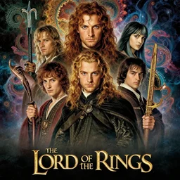 the lord of the rings trilogy movie poster, intense intricate detail, beautiful and gorgeous design, cinematic composition, painting masterpiece by rembrandt, michelangelo, junji ito, yoji shinkawa, takehiko inoue, psychedelic imagery background, fractal clouds