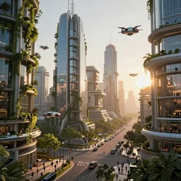 Sunrise over solarpunk city, many trees and plants, futuristic flying vehicles and drones, archdaily, architectural digest, busy streets filled with people, sun rays, vines, vertical gardens, utopia, beautiful glass and steel architecture, extreme detail, futuristic