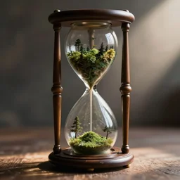 hyper realistic photograph of a victorian hourglass containing a tiny cloud forest