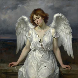painted portrait of a broken angel, lost , stormy background, highly detailed, hyper realistic, in the style of Andrew Wyeth