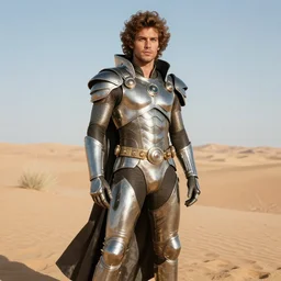portrait davis taylor brown dressed in 1 9 8 1 space fantasy fashion, heavy metal, shiny metal, standing in a desert