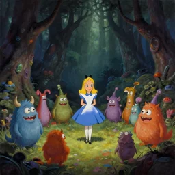 a scene of colorful cartoon monsters in the clearing of a dark fantasy forest surrounded by darkness. hyperrealist illustration. muted colors. 1 9 7 0's pulp science fiction and fantasy cartoon for alice in wonderland and wizard of oz. highly detailed and richly colored painting by don ivan punchatz. trending on artstation