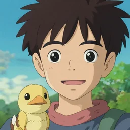 friendly guy and small creature , with Fragile looking character portrait anime face made by Studio Ghibli highly detailed art, beautiful scene, sharp focus, smooth, 8k, anime art, animated, peaceful atmosphere, detailed face,happy, detailed head, clear