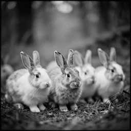 pack of small rabbits in the wood, artwork by arkhip kuindzhi, mystic, melancholy, pinhole analogue photo quality, lomography, monochrome, blur, unfocus, cinematic, foil effect, holographic effect