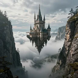 cinematic view of floating castle hanging by chains in the air, in between a gorge, below only cloud dark void, 8 k resolution, octane,