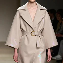 haute couture modern designer jwanderson fold volume coat with open neckline, double layer oversize curved seam top, double layer fold over hem, cropped wide sleeve, self belt with leather covered ring closure, back slit, tonal topstitching, gold hardware, lined in cotton, holographic tones scheme sigma 8 5 mm f _ 8, high detail