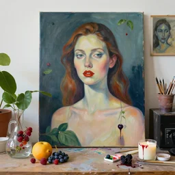 “ sensual portrait of a female art student in her apartment, fresh fruit, berries, plants in scientific glassware, art materials, candle wax, berry juice drips, neo - expressionism, surrealism, acrylic and spray paint and oilstick on canvas ”