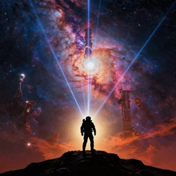 astronaut silhouette on a mountain on beautiful alien world, laser beams shooting by, pillars of creation nebula in background, starfield in background, style of Tyler Edlin, style of Tim White