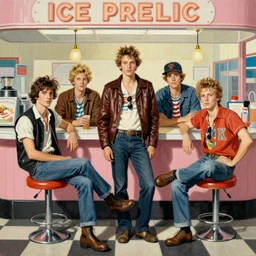 edwin lord weeks, norman rockwell, painting, retro futurist greaser biker gang, greaser biker gang hanging out at the ice cream parlour