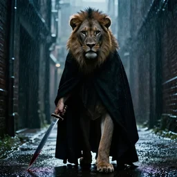 A film still of a teenage lion in a dark rainy alleyway wearing a dark glowing black cloak while holding a long dagger dripping of blood in his right hand low angle EPIC shot, lowkey lighting with strong backlight